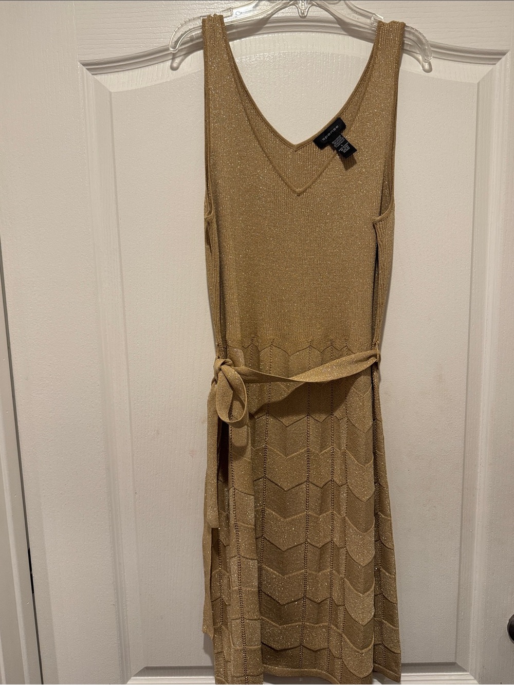 Spense Metallic Gold Knit Midi Dress with Waist Tie